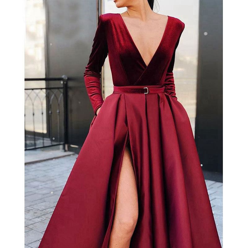 Vestido de noche de terciopelo para mujer, estilo europeo y americano, para comercio exterior, Amazon, AliExpress, Wish, con cuello en V y manga larga, para banquetes