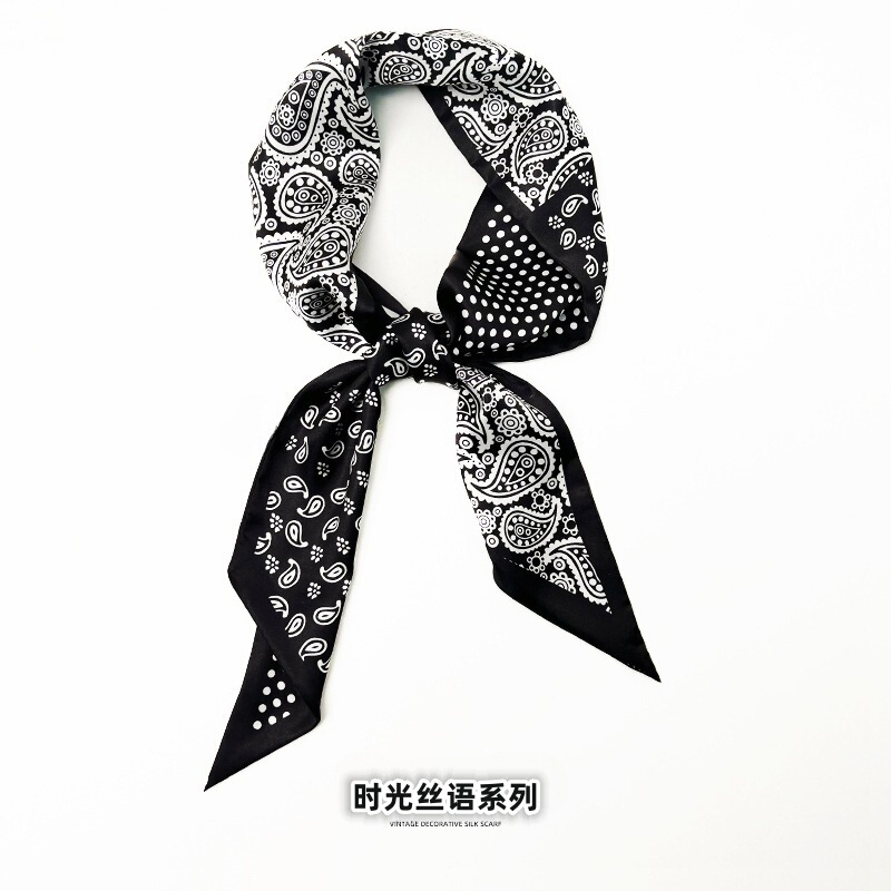 Elegant Retro Black Cashew Long Strip Decorative Small Scarf All-match Spring and Summer Hair Band Women's Spring and Autumn Scarf Thin Scarf Elegant Retro Black Cashew Long Strip Decorative Small Scarf All-match Spring and Summer Hair Band Women's Spring and Autumn Scarf Thin Scarf