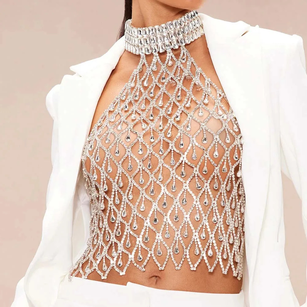 Europa y los Estados Unidos sexy goteo de flange cadena de pecho exagerada diamante hueco bikini accesorios cadena del cuerpo cadena