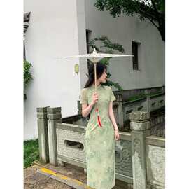 夏季新款印花长款侧八扣改良旗袍绿色竹叶节节高升修身旗袍连衣裙