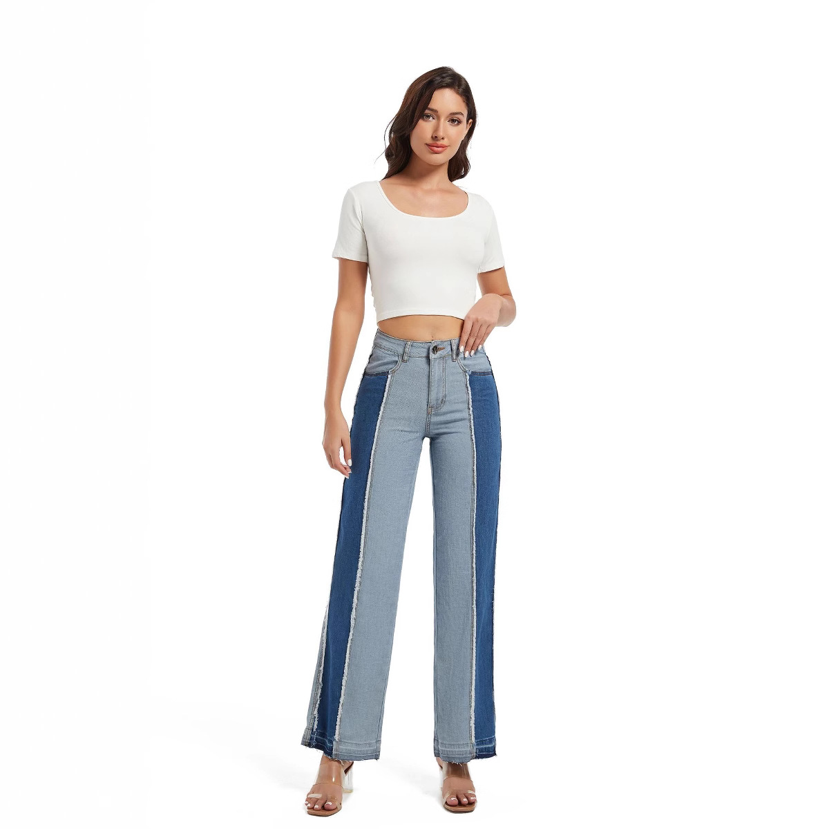 Nuevos jeans de mujer 2026 de cintura alta, con bloques de color y dobladillos deshilachados, de pierna recta, estilo europeo y americano, ajuste ceñido, elásticos, versátiles, en stock.
