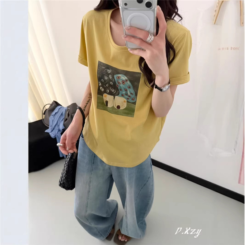 021 New Summer Style Korean Style Casual Round Neck Women's Thin Cotton T-Shirt Mushroom Print Small Shirt Women's T-Shirt Base Layer 021 New Summer Style Korean Style Casual Round Neck Women's Thin Cotton T-Shirt Mushroom Print Small Shirt Women's T-Shirt Base Layer