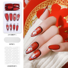 大紅色中國風彩繪穿戴 假指甲貼片美甲成品指甲片穿戴美甲批發