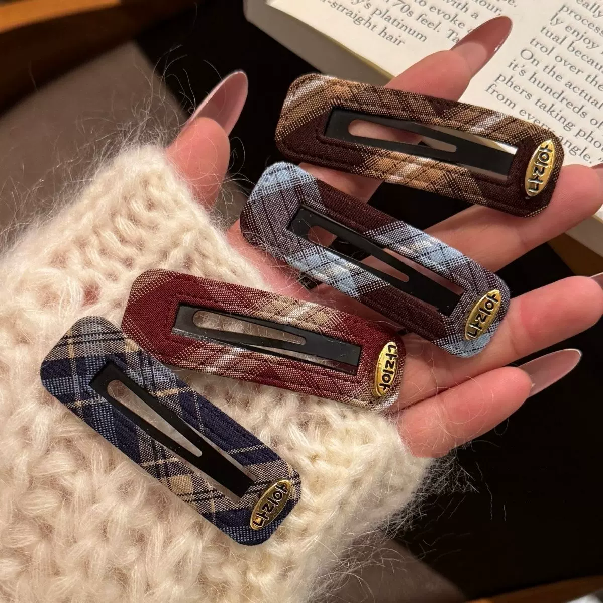 韩版时尚金标甜美侧边少女咖色格纹布艺方形BB刘海夹百搭发夹头饰