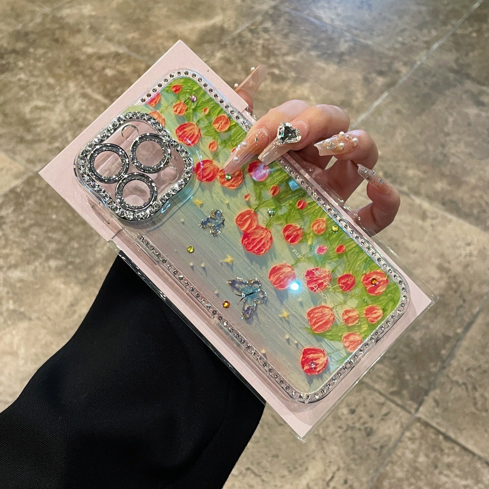 Pintura al óleo estilo ins, tulipanes, flores, mariposas, apple para Apple 15ProMax, flash Diamond iphone16, funda para teléfono móvil 14P