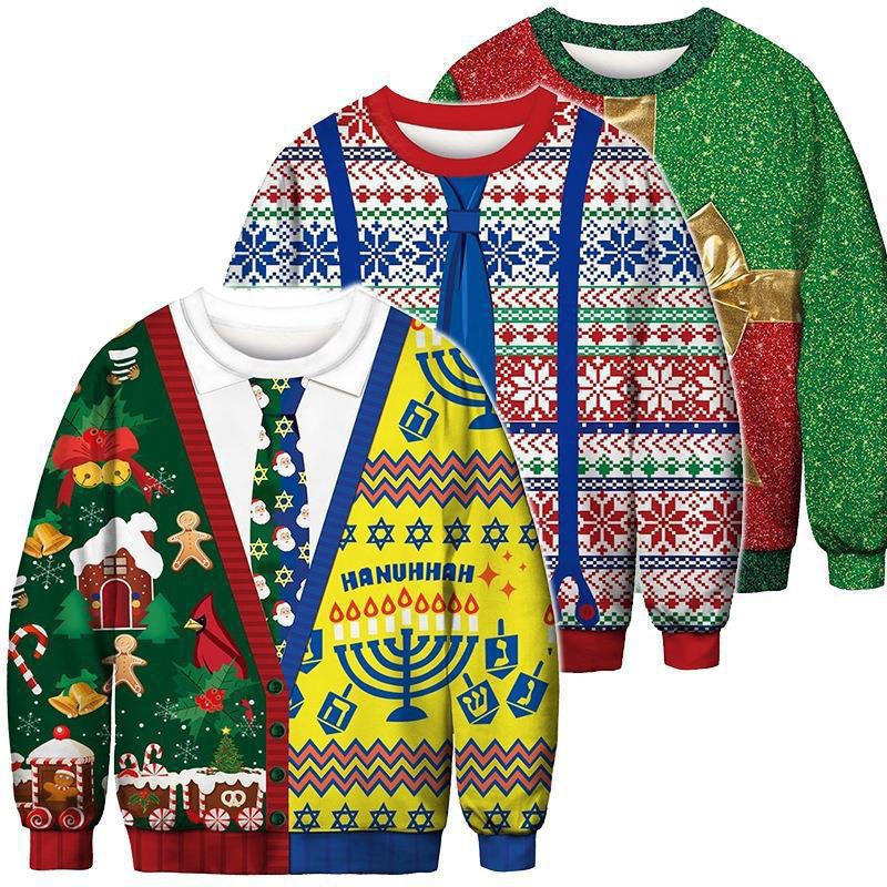 2024 código europeo transfronterizo Navidad 3D fiesta de impresión digital otoño e invierno pareja de hombres y mujeres cuello redondo suéter de manga larga