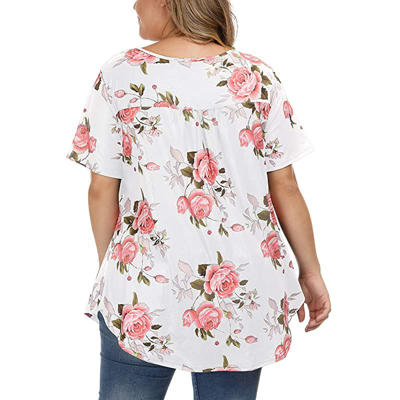 Camiseta holgada de manga corta con estampado de flores y botones de-Multicolor NSFH130971