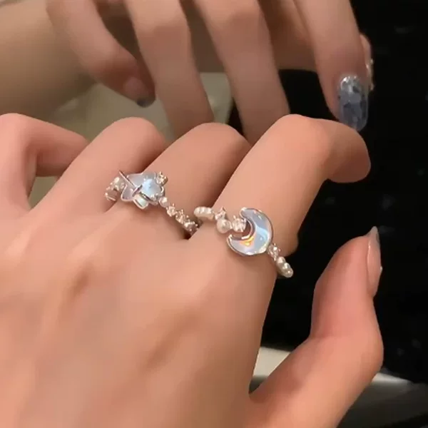 Minimalist Glacier Blue Star and Moon Ring, Unique New Design, Adjustable Index Finger Ring for Women