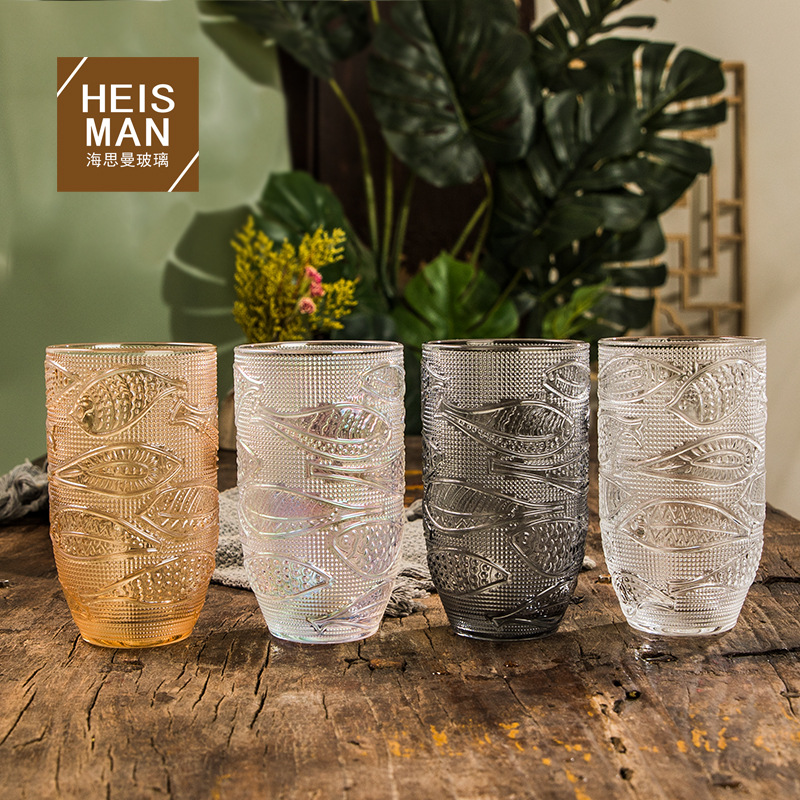 Haisheman European-style carved glass cup with fish scale pattern, high-end juice and beverage cup, thickened irregular coffee cup