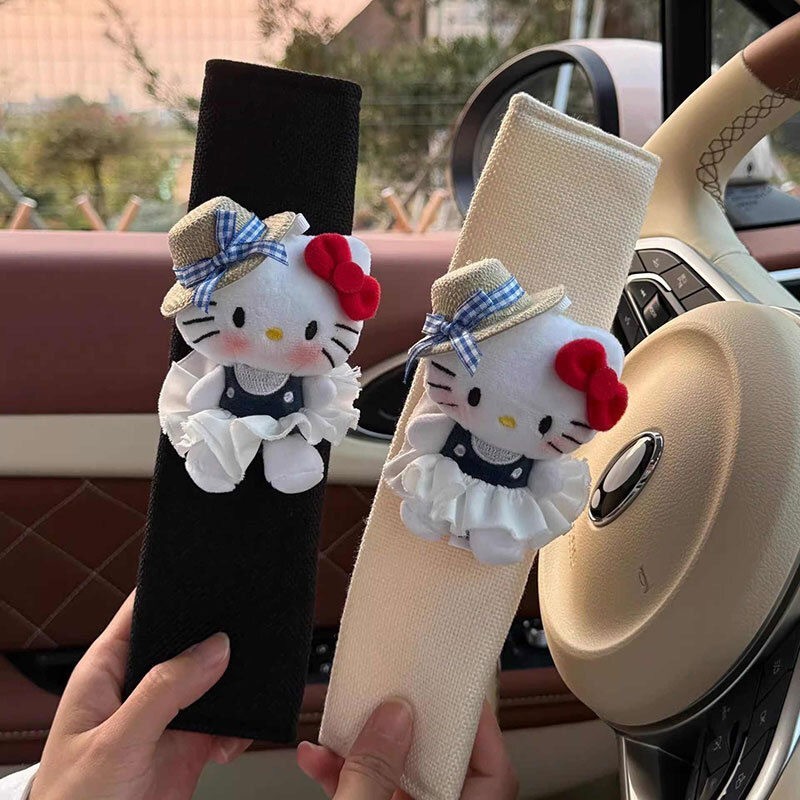 可爱草帽kitty猫安全带护肩套春日出游公仔车载内饰摆件高级感女|undefined