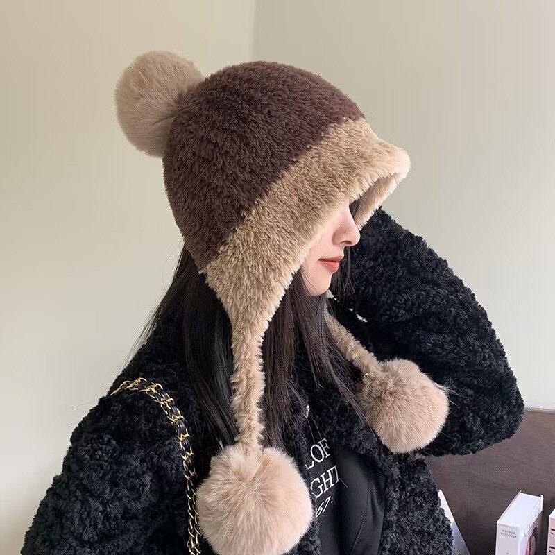 冬季防寒帽大头围毛绒挂球可爱护耳帽子女遮耳加绒加厚拼色针织帽|undefined