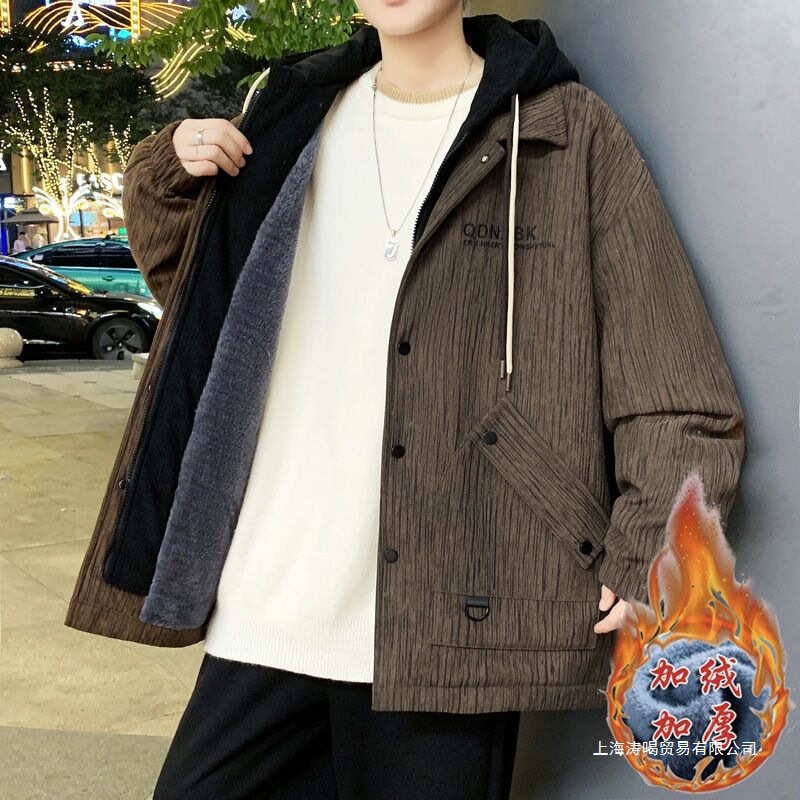 Autumn and Winter Velvet Jacket Men's Hooded Youth Student Cotton Coat Men's Korean Style Velvet Thickened Cotton Coat for Men