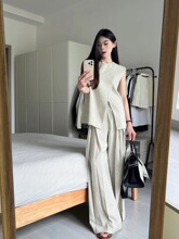 小香风圆领无袖开叉马甲背心女夏季套装宽松阔腿裤休闲长裤两件套