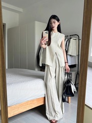 小香風丸襟袖なしオープンベスト女性夏セットゆるいワイドパンツカジュアルパンツ2点セット