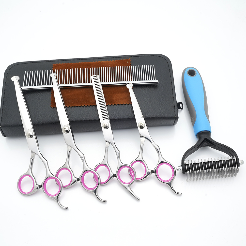 Tijeras de cuidado de mascotas al por mayor de fábrica, tijeras planas de corte de pelo de perro, tijeras de dientes finas, tijeras de colores, herramientas de corte de pelo de gato
