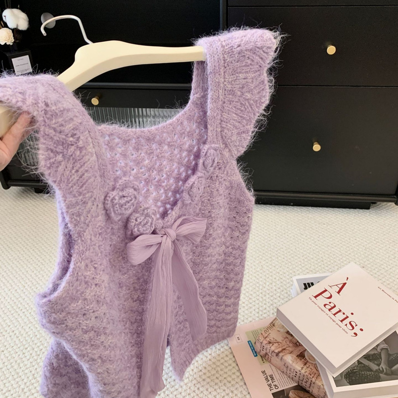 2026 Autumn New Arrival: Gentle and Sweet Style Women's Little Flutter Sleeve Vest with Bow, Knitted Sweater Layered Vest 2026 Autumn New Arrival: Gentle and Sweet Style Women's Little Flutter Sleeve Vest with Bow, Knitted Sweater Layered Vest