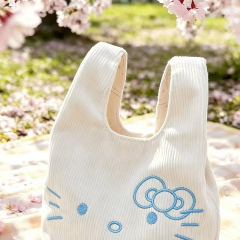 White Corduroy Kitty Cat Embroidered Handbag, Portable and Stylish Wrist Bag, Hello Kitty Bag White Corduroy Kitty Cat Embroidered Handbag, Portable and Stylish Wrist Bag, Hello Kitty Bag