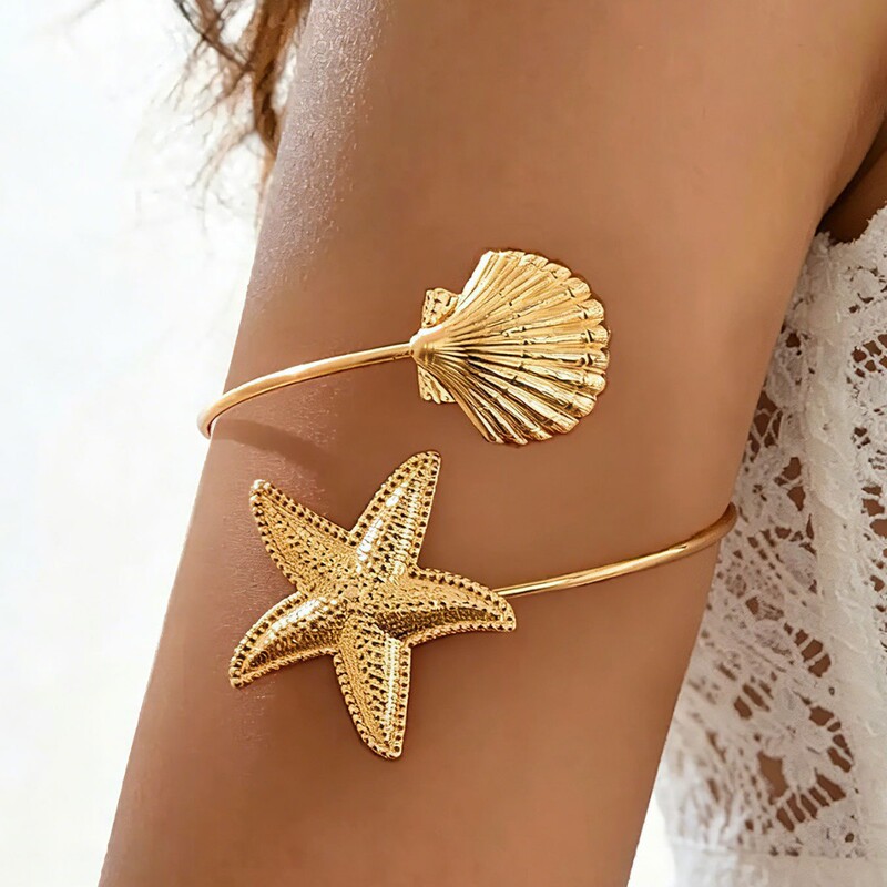 European and American Cross-Border Women's Fashion Arm Bracelet with Shell and Starfish Design, Simple Metal Arm Band for Women European and American Cross-Border Women's Fashion Arm Bracelet with Shell and Starfish Design, Simple Metal Arm Band for Women