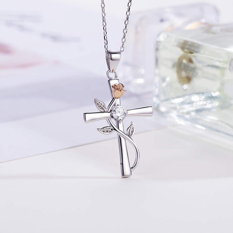 Pendant Necklace Classification 1 Piece Quantity 925 Sterling Silver Plating Cross Rose Pendant Necklace