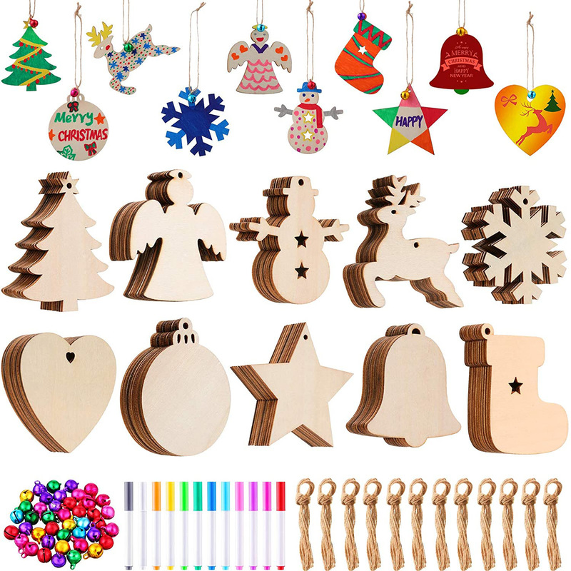 木製クリスマスオーナメント 無地落書き絵画テンプレート DIY クリスマスツリーハンギングデコレーションセット|undefined