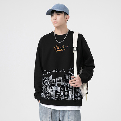 潮牌男装圆领卫衣2021秋季新款韩版宽松套头长袖打底衫青少年衣服|ru