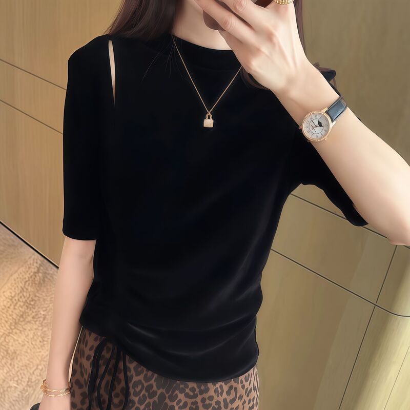 Unique and Beautiful Black Gold Velvet Top for Women 2025 Early Autumn New Hot Style High-End Western Style Mid-Sleeve Bottoming Shirt Unique and Beautiful Black Gold Velvet Top for Women 2025 Early Autumn New Hot Style High-End Western Style Mid-Sleeve Bottoming Shirt
