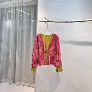 Yang Mi Same Style Silk with Acetic Acid Lotus Pond Moonlight Fashionable Age-reducing Guofeng Double-sided V-neck Jacket