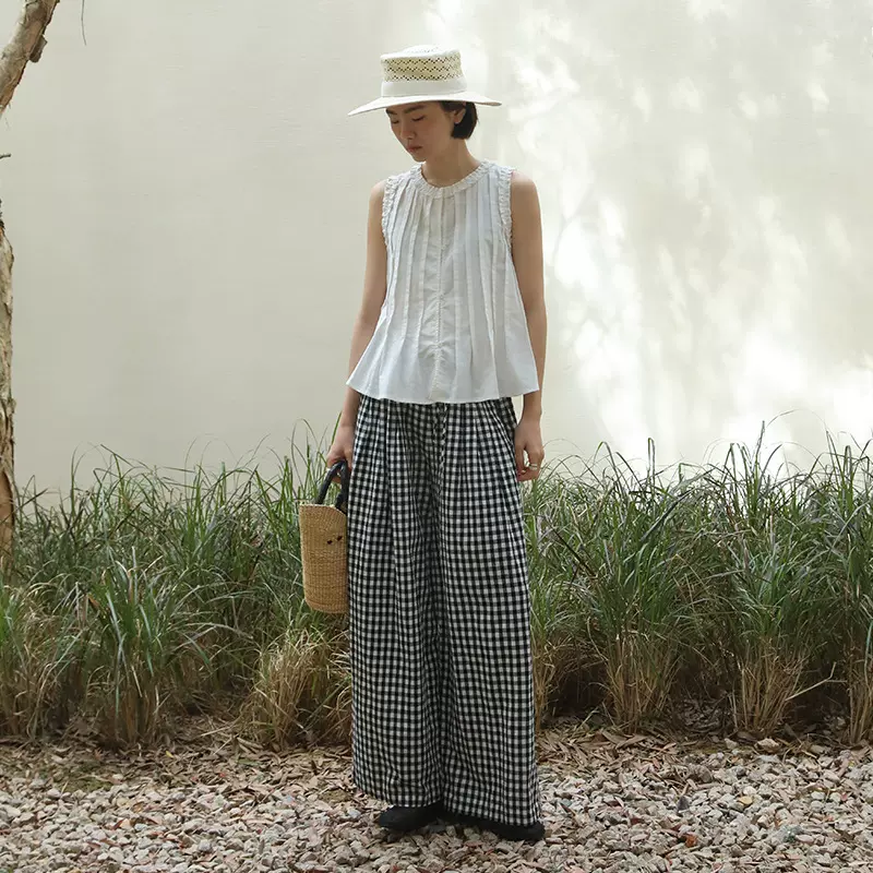 时简 自由行 显瘦压褶松弛休闲裤女2025夏设计感天丝亚麻裤12069