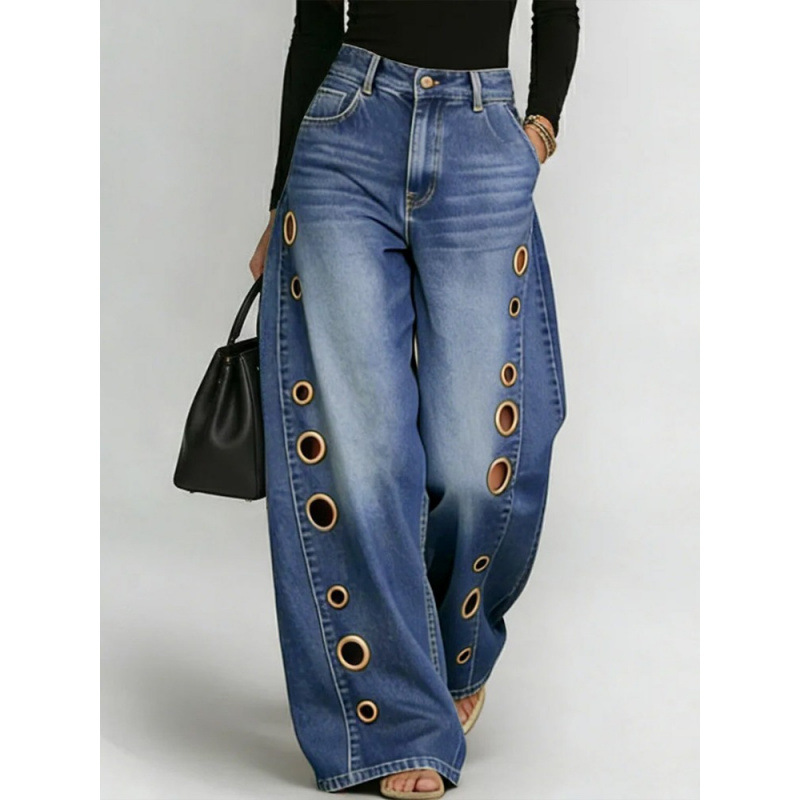 European and American Cross-Border New Style Women's Jeans with Metal Eyelet Design, Casual Loose High-Waisted Wide-Leg Jeans Amazon European and American Cross-Border New Style Women's Jeans with Metal Eyelet Design, Casual Loose High-Waisted Wide-Leg Jeans Amazon