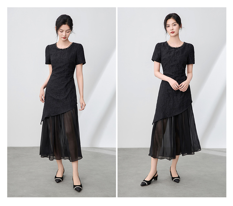 Váy maxi nữ cổ tròn đính cườm họa tiết bướm jacquard phong cách Trung Quốc — Màu đen chi tiết 14
