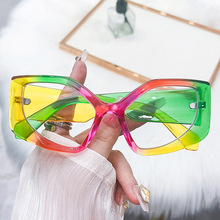 2023跨境新品猫眼眼镜框 欧美时尚厚架PC彩虹色个性撞色平光镜女