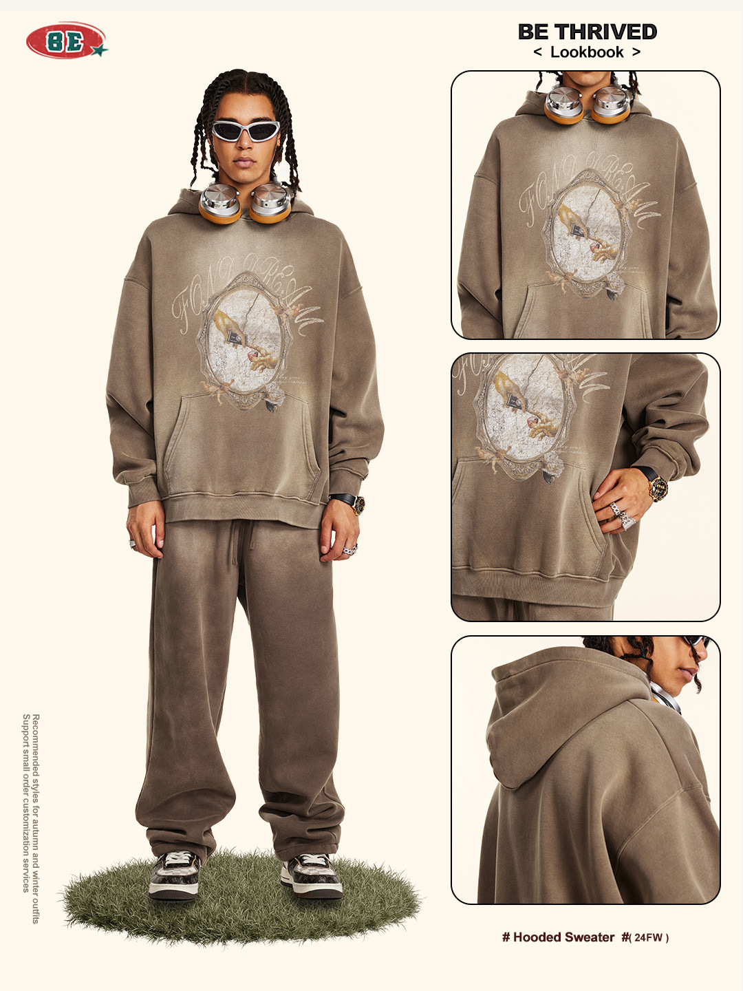BE ropa de hombre | 2025 otoño más terciopelo engrosamiento marca de moda americana original lavado y viejo suéter con capucha para hombres y mujeres del mismo estilo image 6