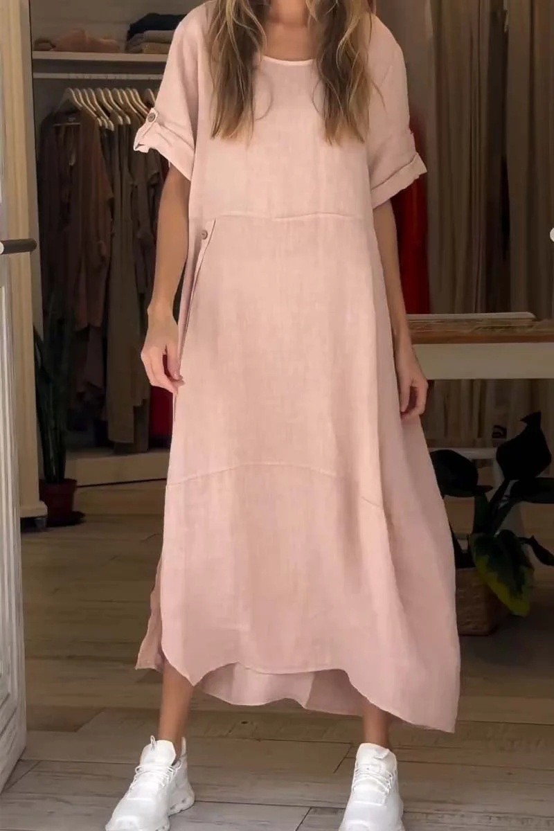 New 2024 women's summer style loose fitting casual solid color short sleeved cotton linen dress_voghion.com
