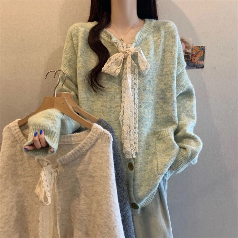 Designer Lace-Up Sweater Cardigan for Women, Autumn New Plus-Size Loose and Lazy Style Thick Knit Top