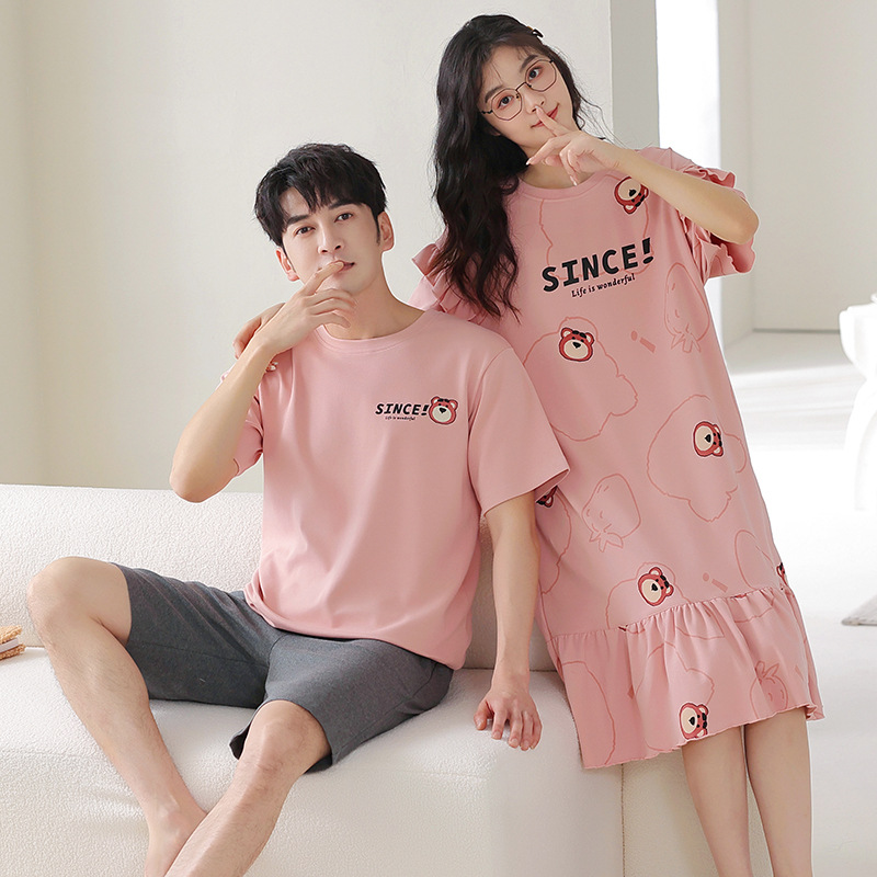2025 New Couple Pajamas, Cotton Short-Sleeved Shorts, Men's Home Wear Suits, Women's Summer Cotton Dresses