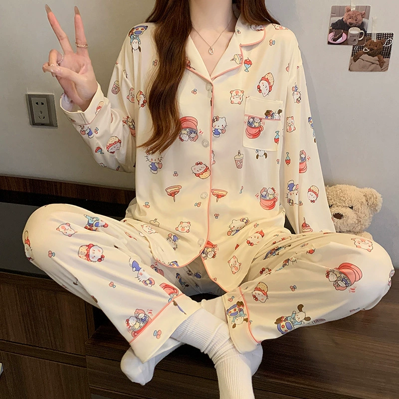 Sanrio, японский бренд мультяшной пижамы на весну, с длинным рукавом, кардиган, рубашка, набор, тренд сезона