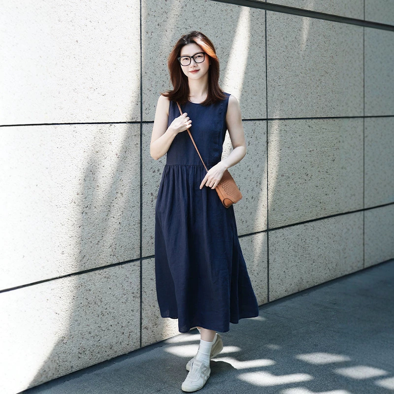 Women's Clothing 2026 Spring and Summer New Style Linen Plain Long Sleeveless Dress High-End Resort Style Long Dress