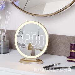 2024新品夜光円形ミラーデジタル目覚まし時計大ディスプレイ自動調光usbポート化粧鏡面