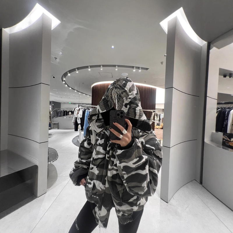 Jimo Grailz Winter New Snow Camouflage Washed Stitching Zipper Jacket Hooded Cotton Jacket for Men and Women