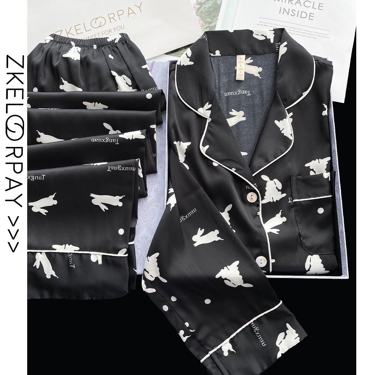 Couple's Ice Silk pajamas women's cartoon thin artificial silk long sleeve home wear men can wear outside spring and autumn