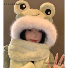 可爱青蛙帽子围巾一体女冬季骑车防寒加厚保暖围脖毛绒手套三件套