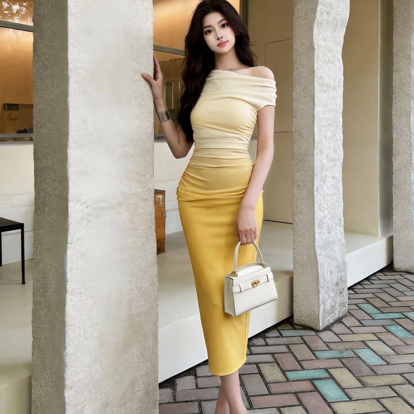 Váy đuôi cá cổ chữ nhất tay lệch, thắt lưng xếp ly, dáng ôm body, dài midi — Chanh vàng nhạt chi tiết 4