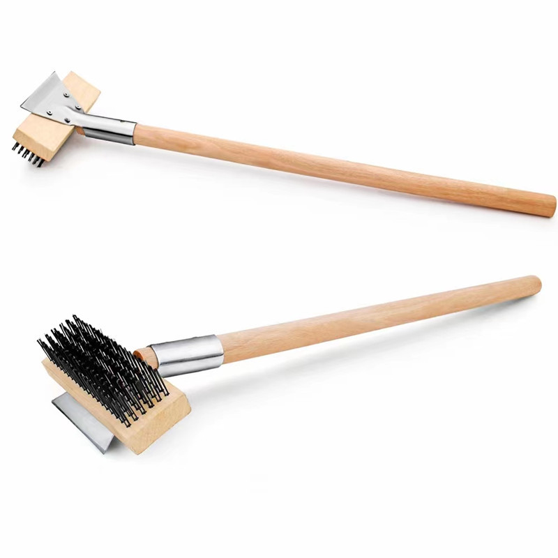 Multifunctional Detachable Long Handle Steel Wire Pizza Brush Household Cleaning Brush Stainless Steel Wire Dust Removal Brush Wooden Handle Brush