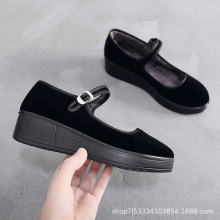 加绒老北京布鞋一字带厚底黑色棉布鞋妈妈鞋2025秋季新款礼仪鞋女