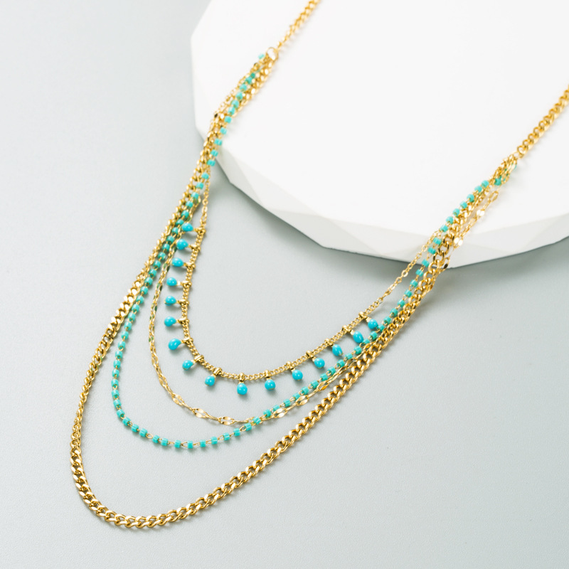 Retro Geometric Titanium Steel Gold Plated Beads Layered Necklaces 1 Set