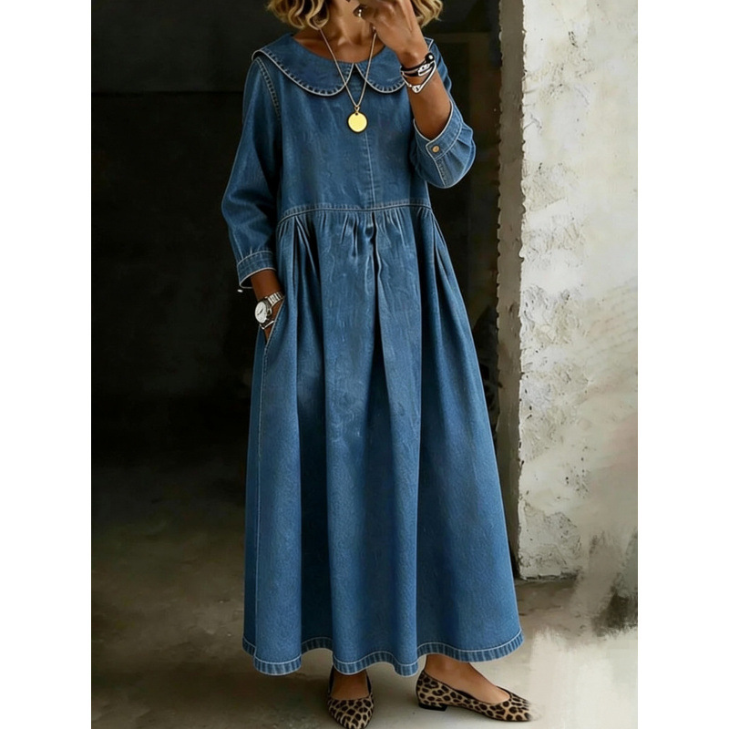 Cross-Border New Product, Popular in Europe and America, Doll Collar Long-Sleeve Dress with Pockets, Plus-Size Loose Fit, Large Hem, Amazon Cross-Border New Product, Popular in Europe and America, Doll Collar Long-Sleeve Dress with Pockets, Plus-Size Loose Fit, Large Hem, Amazon