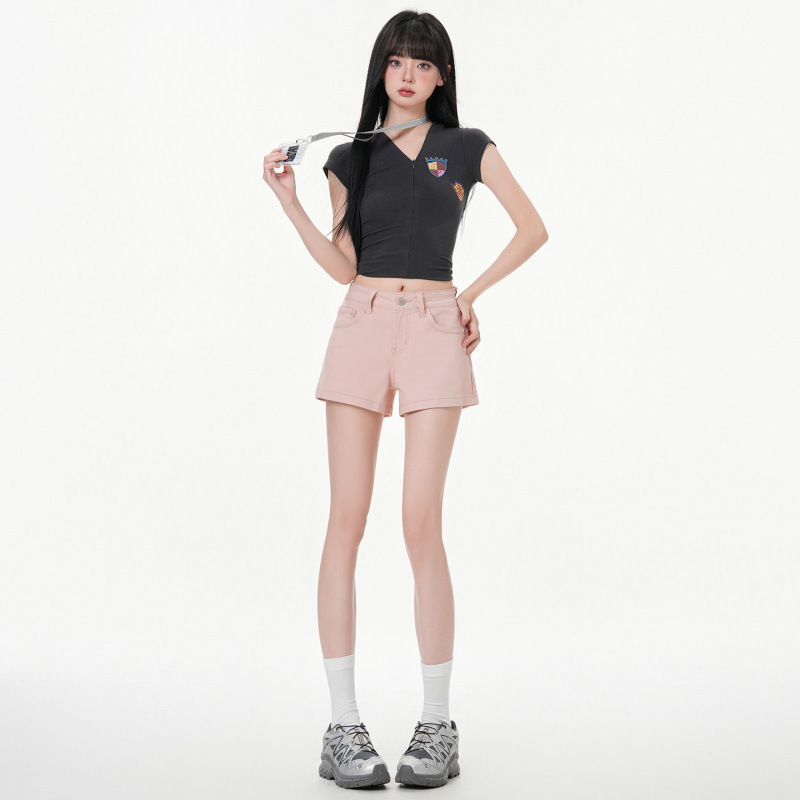 American-Style Simple Pink Dopamine Stretch Denim Shorts for Women, 2026 Summer New Low-Waist Slimming A-Line Hot Pants