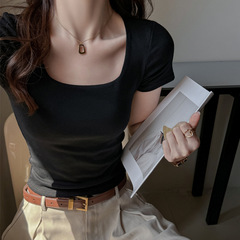 韓国系純綿の四角い襟の中に、カーディガンの肩の半袖tシャツの女性のギャルファッションの高級感があります。