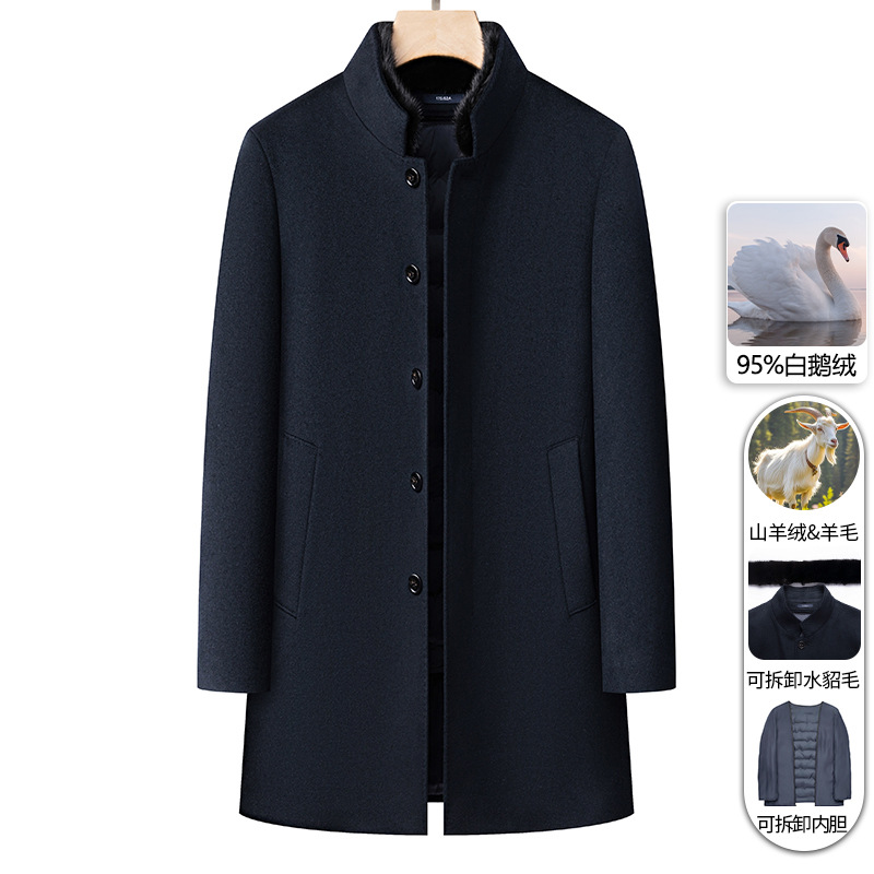 羊毛羊绒男士大衣鹅绒内胆水貂毛领毛呢风衣冬季新款中年休闲外套