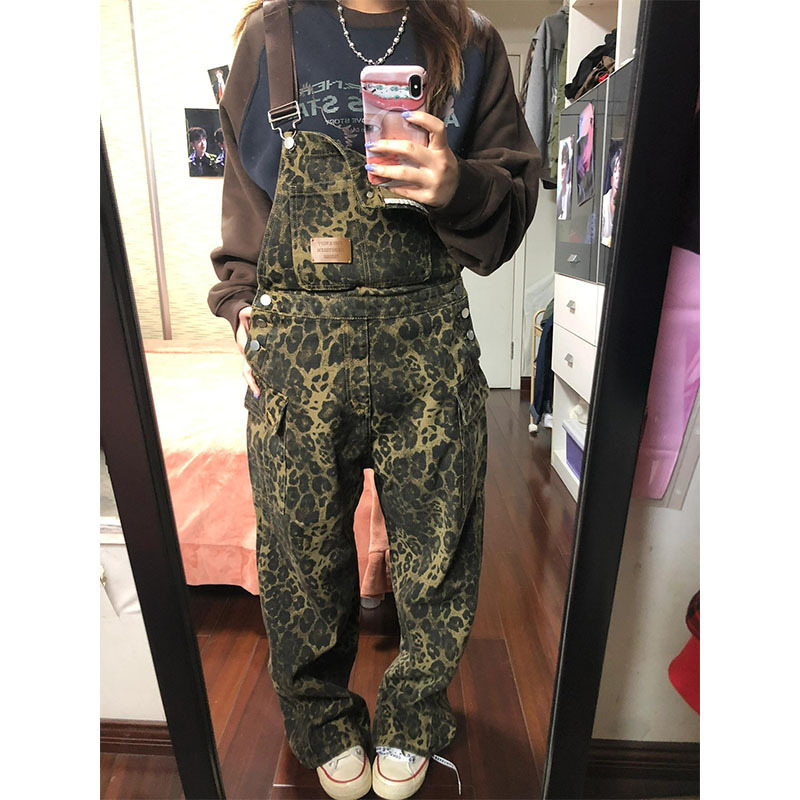 美式复古豹纹背带裤女春季新款宽松直筒街头牛仔阔腿工装裤ins潮|undefined